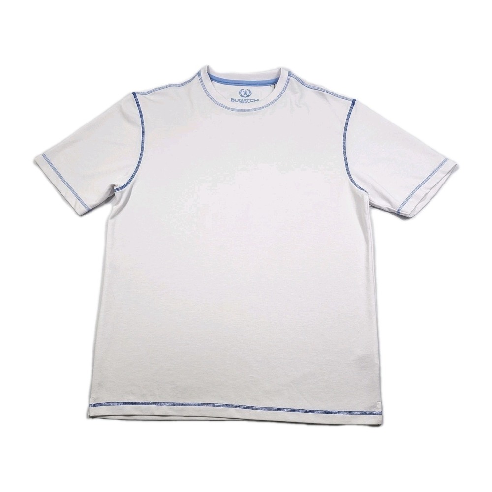 Bugatchi Uomo Mens Large White Blue Stitching T-Shirt Casual Performance Top